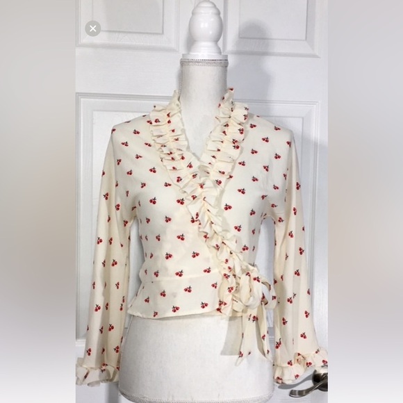 Rouje Paris Frou Frou Wrap Top Cherry Print Ruffle 36 XS/S - Picture 4 of 11